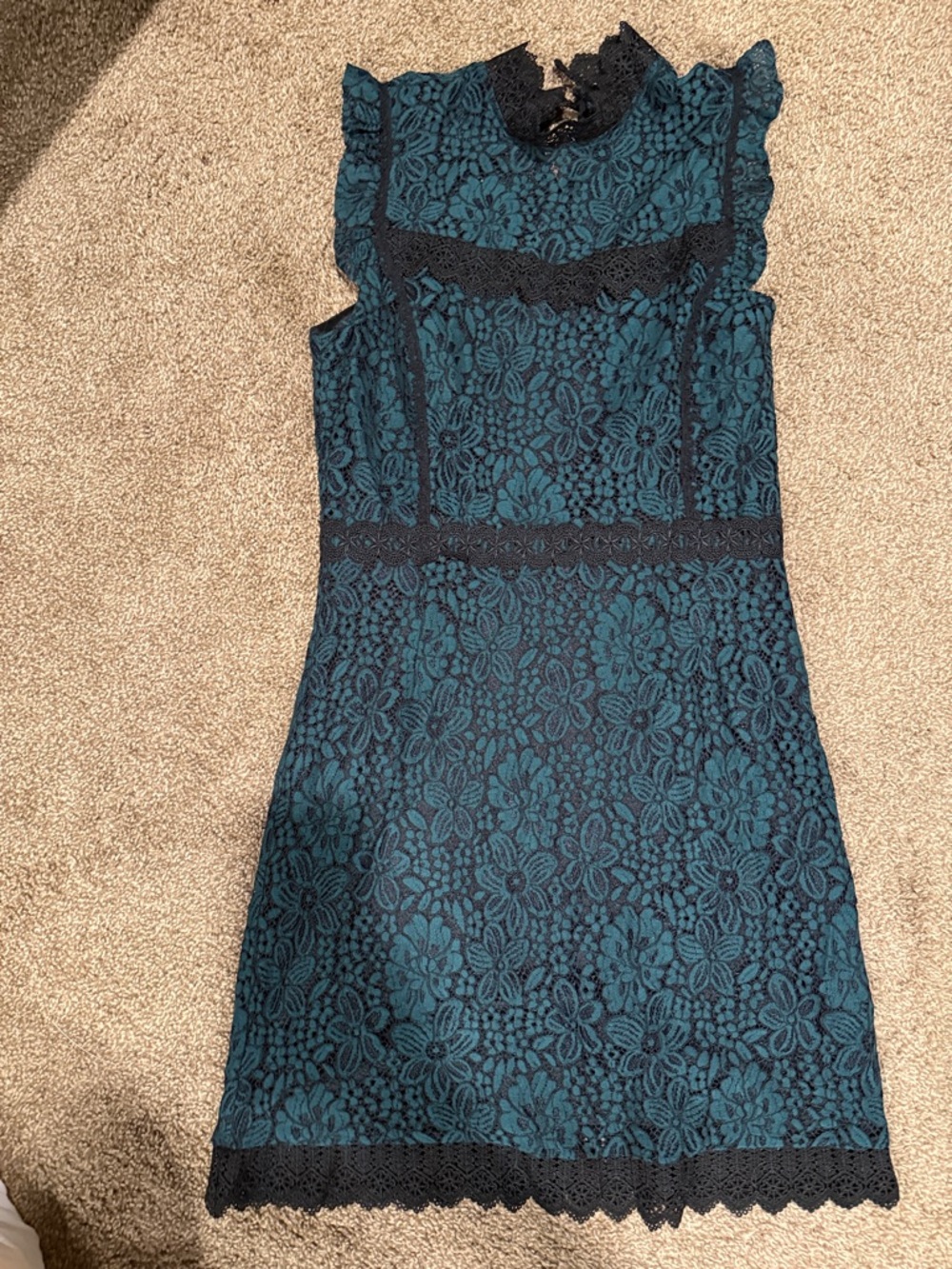 Sleeveless Teal Lace Dress with Black Accents